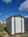 30% OFF! 06x08 Steel Storage Shed in White Siding and Green Trim