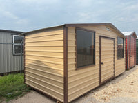 07x16 Tan Steel with Brown Trim, Center Door, and Two Windows
