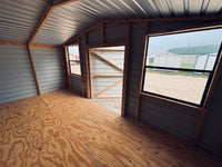 07x16 Tan Steel with Brown Trim, Center Door, and Two Windows
