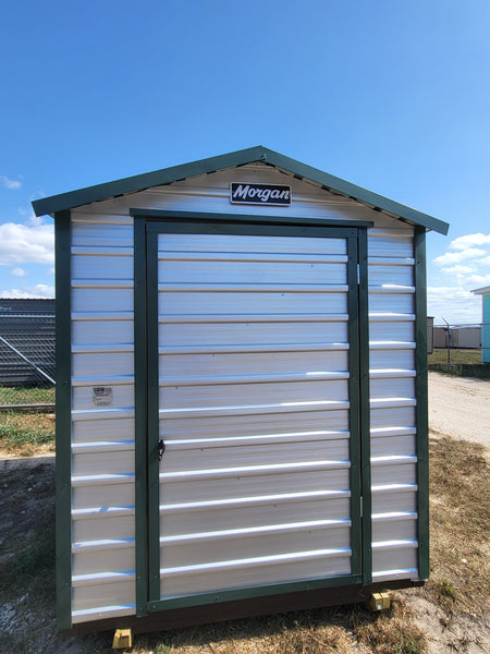 06 x 08 Storage Shed in Galvalume Steel and Dark Green Steel Trim