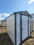 06x08 Steel Storage Shed in White Siding and Green Trim