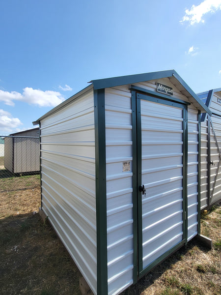 06 x 08 Steel Storage Shed in White Siding and Green Trim