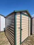 06 x 06 Steel Storage Shed in Tan Siding and Green Trim