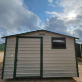 10 x 12 Peak Storage in Almond Steel with Green Trim and Window