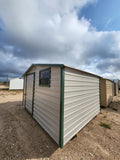 10 x 12 Peak Storage in Almond Steel with Green Trim and Window