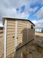 10 x 12 Peak Storage in Tan Steel with White Trim and Window