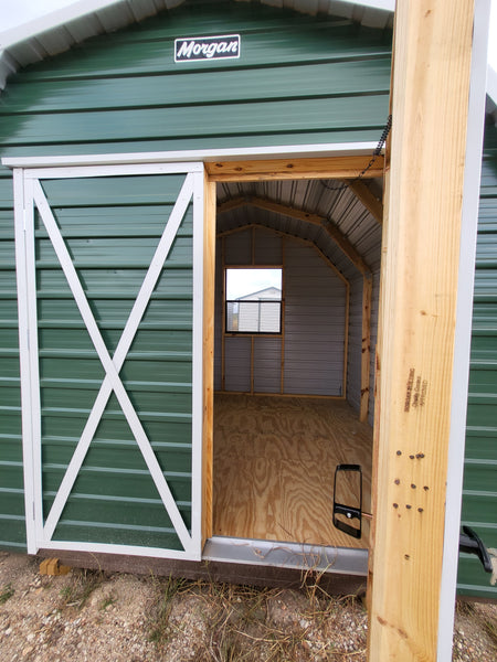 10 x 10 Classic Barn in Green Steel with White Trim & Window