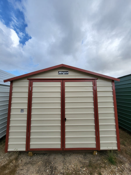 10 x 12 Steel Peak Storage in Almond with Red Trim