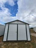 12 x 16 Steel Peak Storage in White with Green Trim