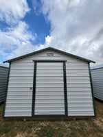 12 x 16 Steel Peak Storage in White with Green Trim