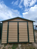 10 x 16 Steel Peak Storage Shed in Tan with Green Trim