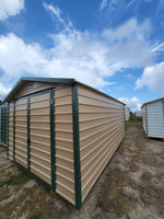 10 x 16 Steel Peak Storage Shed in Tan with Green Trim