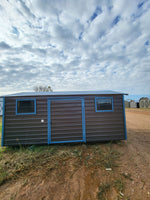 10x16 Dark Grey Steel with Blue Trim, Center Door, and Two Windows