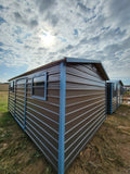 10x16 Dark Grey Steel with Blue Trim, Center Door, and Two Windows