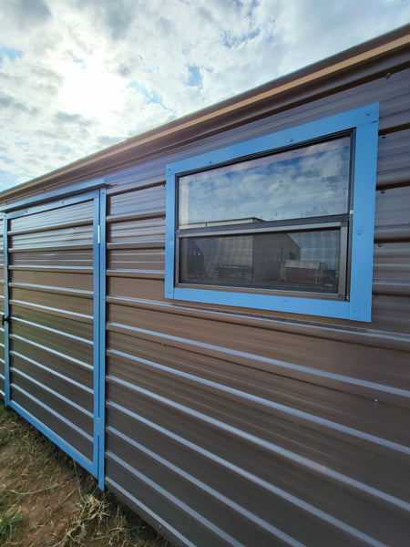 10x16 Dark Grey Steel with Blue Trim, Center Door, and Two Windows