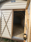 06 x 06 Steel Storage Shed in Tan Siding and Green Trim