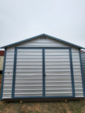 12 x 16 Double Door Peak Storage in Galvalume with Blue Trim