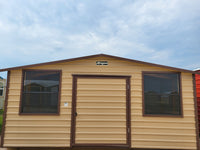 07x16 Tan Steel with Brown Trim, Center Door, and Two Windows