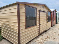 07x16 Tan Steel with Brown Trim, Center Door, and Two Windows