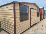 07x16 Tan Steel with Brown Trim, Center Door, and Two Windows