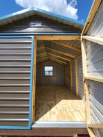 12 x 16 Peak Storage Shed in Dark Grey & Blue Trim with Window and Side Door