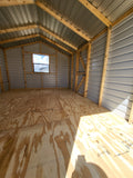 12 x 16 Peak Storage Shed in Dark Grey & Blue Trim with Window and Side Door