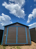 12 x 16 Peak Storage Shed in Dark Grey & Blue Trim with Window and Side Door