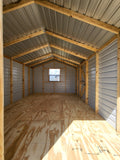 12 x 16 Peak Storage Shed in Dark Grey & Blue Trim with Window and Side Door