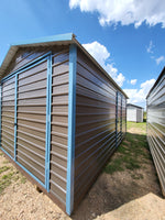 12 x 16 Peak Storage Shed in Dark Grey & Blue Trim with Window and Side Door